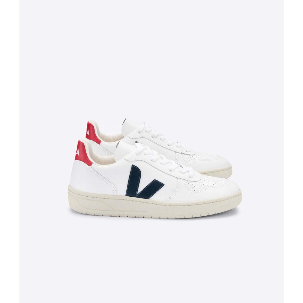 Men\'s Veja V-10 LEATHER Sneakers White/Red | ZA 338DFM